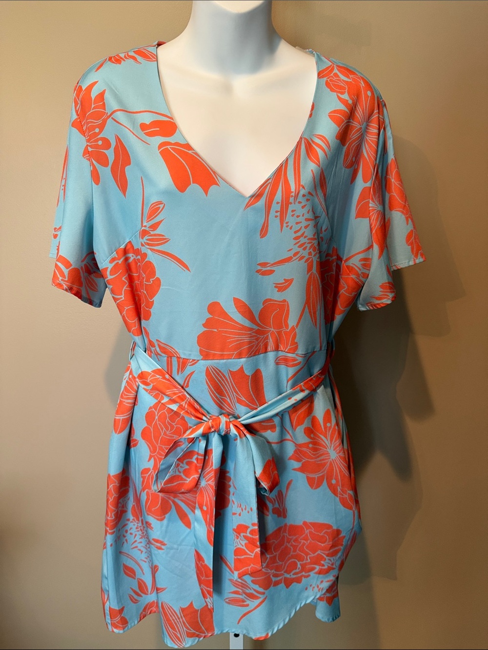 Women’s V-Neck Floral Mini Dress in Light Blue and Coral
